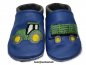 Preview: Lederpuschen jeansblau-anthrazit mit Stickerei Traktor mit Anhänger minzgrün-gelb